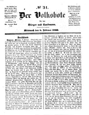 Der Volksbote für den Bürger und Landmann Mittwoch 8. Februar 1860