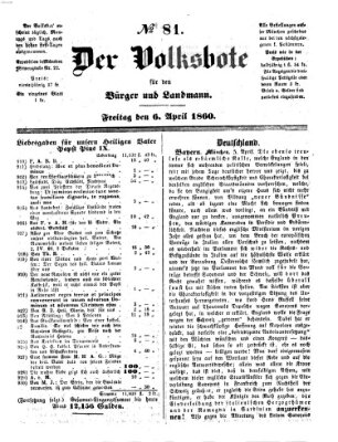 Der Volksbote für den Bürger und Landmann Freitag 6. April 1860