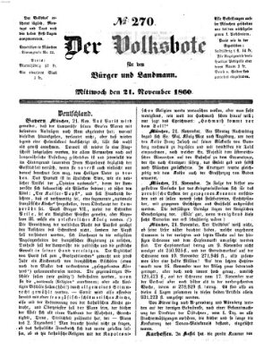 Der Volksbote für den Bürger und Landmann Mittwoch 21. November 1860