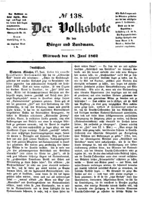 Der Volksbote für den Bürger und Landmann Mittwoch 18. Juni 1862