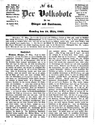 Der Volksbote für den Bürger und Landmann Samstag 18. März 1865