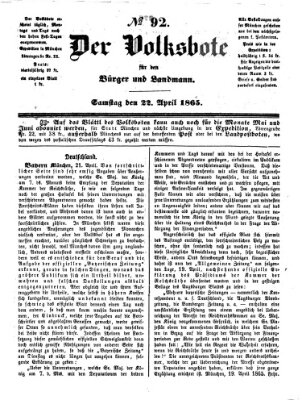 Der Volksbote für den Bürger und Landmann Samstag 22. April 1865