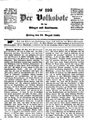 Der Volksbote für den Bürger und Landmann Freitag 21. August 1868