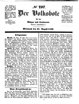 Der Volksbote für den Bürger und Landmann Mittwoch 31. August 1870