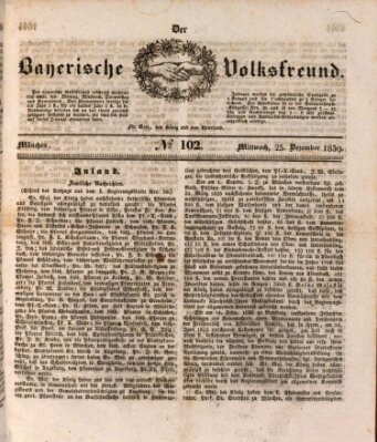 Der bayerische Volksfreund Mittwoch 25. Dezember 1839