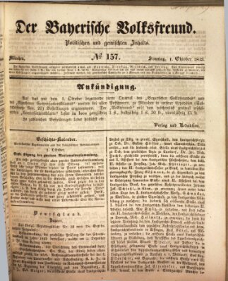 Der bayerische Volksfreund Sonntag 1. Oktober 1843