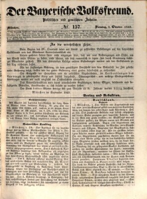 Der bayerische Volksfreund Dienstag 2. Oktober 1849