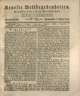 Neueste Weltbegebenheiten (Kemptner Zeitung) Samstag 17. April 1830