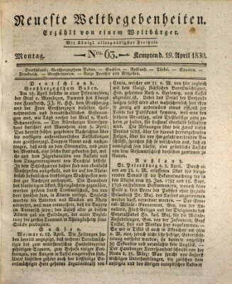 Neueste Weltbegebenheiten (Kemptner Zeitung) Montag 19. April 1830