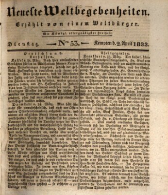 Neueste Weltbegebenheiten (Kemptner Zeitung) Dienstag 2. April 1833