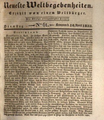 Neueste Weltbegebenheiten (Kemptner Zeitung) Dienstag 16. April 1833