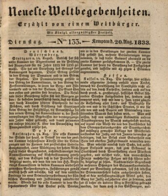 Neueste Weltbegebenheiten (Kemptner Zeitung) Dienstag 20. August 1833