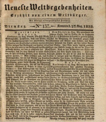 Neueste Weltbegebenheiten (Kemptner Zeitung) Dienstag 27. August 1833