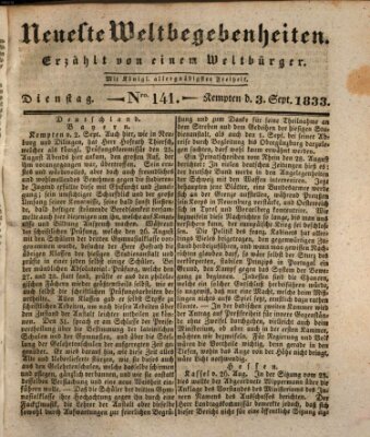 Neueste Weltbegebenheiten (Kemptner Zeitung) Dienstag 3. September 1833