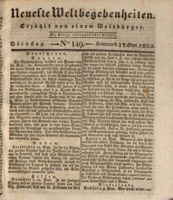 Neueste Weltbegebenheiten (Kemptner Zeitung) Dienstag 17. September 1833