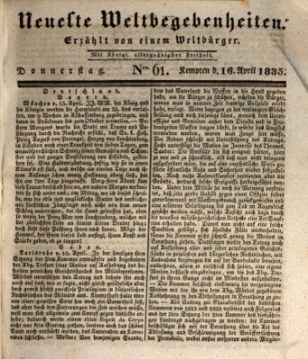 Neueste Weltbegebenheiten (Kemptner Zeitung) Donnerstag 16. April 1835