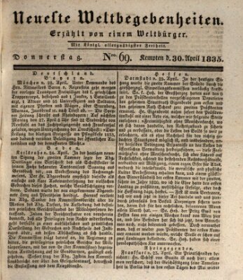 Neueste Weltbegebenheiten (Kemptner Zeitung) Donnerstag 30. April 1835