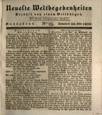 Neueste Weltbegebenheiten (Kemptner Zeitung) Samstag 20. Februar 1836