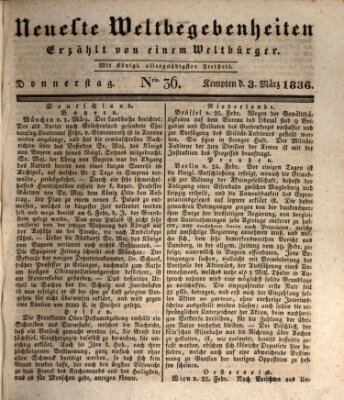 Neueste Weltbegebenheiten (Kemptner Zeitung) Donnerstag 3. März 1836