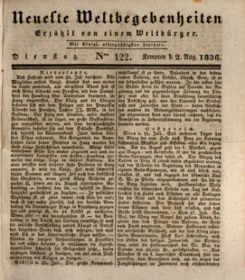 Neueste Weltbegebenheiten (Kemptner Zeitung) Dienstag 2. August 1836