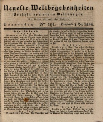 Neueste Weltbegebenheiten (Kemptner Zeitung) Donnerstag 1. Dezember 1836