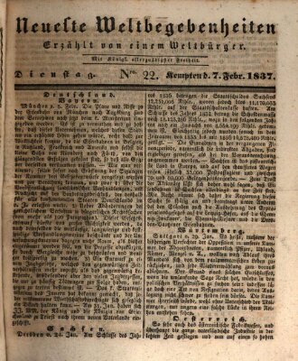 Neueste Weltbegebenheiten (Kemptner Zeitung) Dienstag 7. Februar 1837