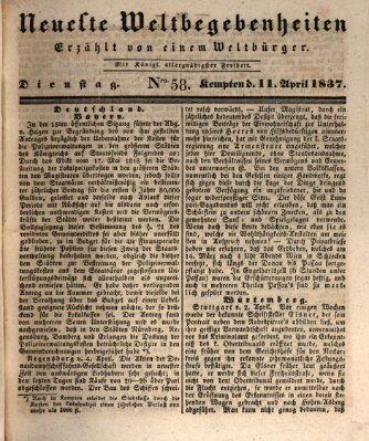 Neueste Weltbegebenheiten (Kemptner Zeitung) Dienstag 11. April 1837