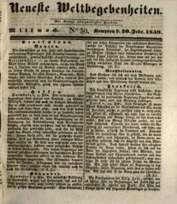 Neueste Weltbegebenheiten (Kemptner Zeitung) Mittwoch 20. Februar 1839