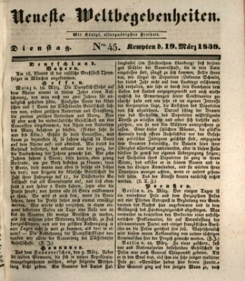 Neueste Weltbegebenheiten (Kemptner Zeitung) Dienstag 19. März 1839