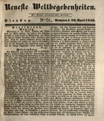 Neueste Weltbegebenheiten (Kemptner Zeitung) Dienstag 16. April 1839