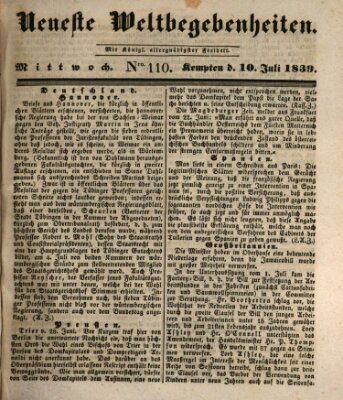 Neueste Weltbegebenheiten (Kemptner Zeitung) Mittwoch 10. Juli 1839