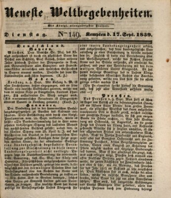 Neueste Weltbegebenheiten (Kemptner Zeitung) Dienstag 17. September 1839