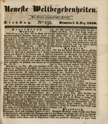 Neueste Weltbegebenheiten (Kemptner Zeitung) Dienstag 3. Dezember 1839