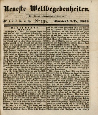 Neueste Weltbegebenheiten (Kemptner Zeitung) Mittwoch 4. Dezember 1839