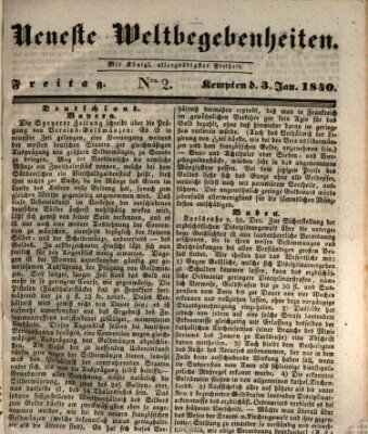 Neueste Weltbegebenheiten (Kemptner Zeitung) Freitag 3. Januar 1840