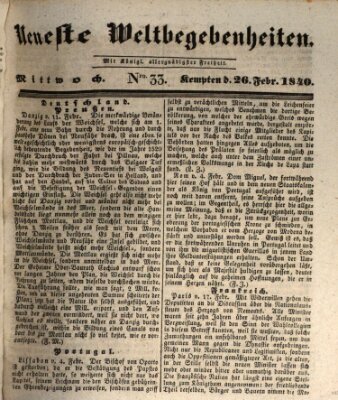 Neueste Weltbegebenheiten (Kemptner Zeitung) Mittwoch 26. Februar 1840