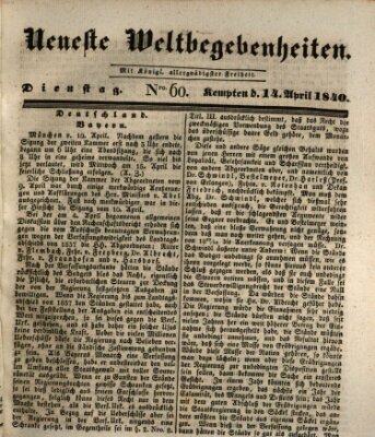 Neueste Weltbegebenheiten (Kemptner Zeitung) Dienstag 14. April 1840