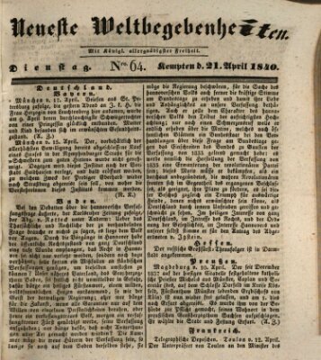 Neueste Weltbegebenheiten (Kemptner Zeitung) Dienstag 21. April 1840