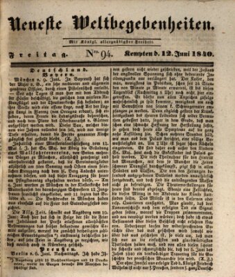 Neueste Weltbegebenheiten (Kemptner Zeitung) Freitag 12. Juni 1840