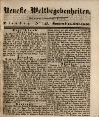 Neueste Weltbegebenheiten (Kemptner Zeitung) Dienstag 15. September 1840