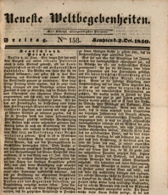 Neueste Weltbegebenheiten (Kemptner Zeitung) Freitag 2. Oktober 1840