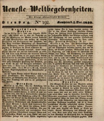 Neueste Weltbegebenheiten (Kemptner Zeitung) Dienstag 1. Dezember 1840