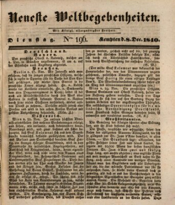 Neueste Weltbegebenheiten (Kemptner Zeitung) Dienstag 8. Dezember 1840