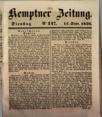 Kemptner Zeitung Dienstag 15. September 1846