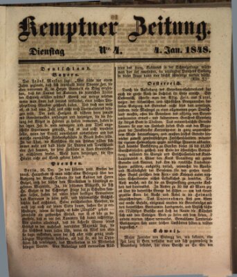 Kemptner Zeitung Dienstag 4. Januar 1848