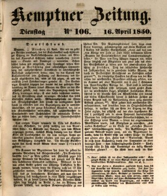 Kemptner Zeitung Dienstag 16. April 1850