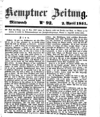 Kemptner Zeitung Mittwoch 2. April 1851