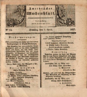 Zweibrücker Wochenblatt Samstag 7. April 1827