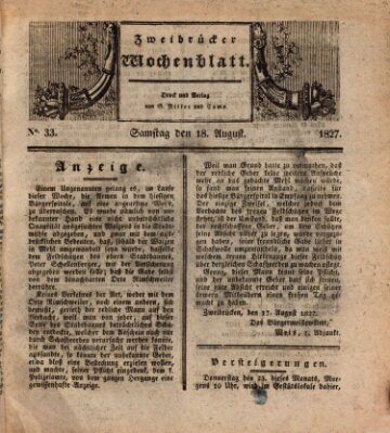 Zweibrücker Wochenblatt Samstag 18. August 1827