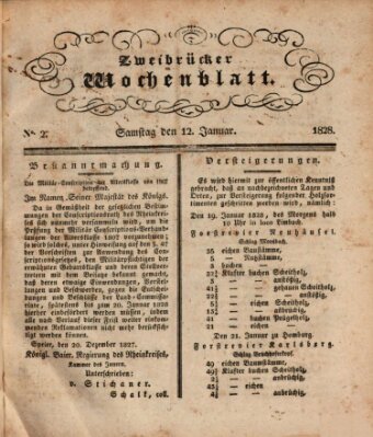 Zweibrücker Wochenblatt Samstag 12. Januar 1828